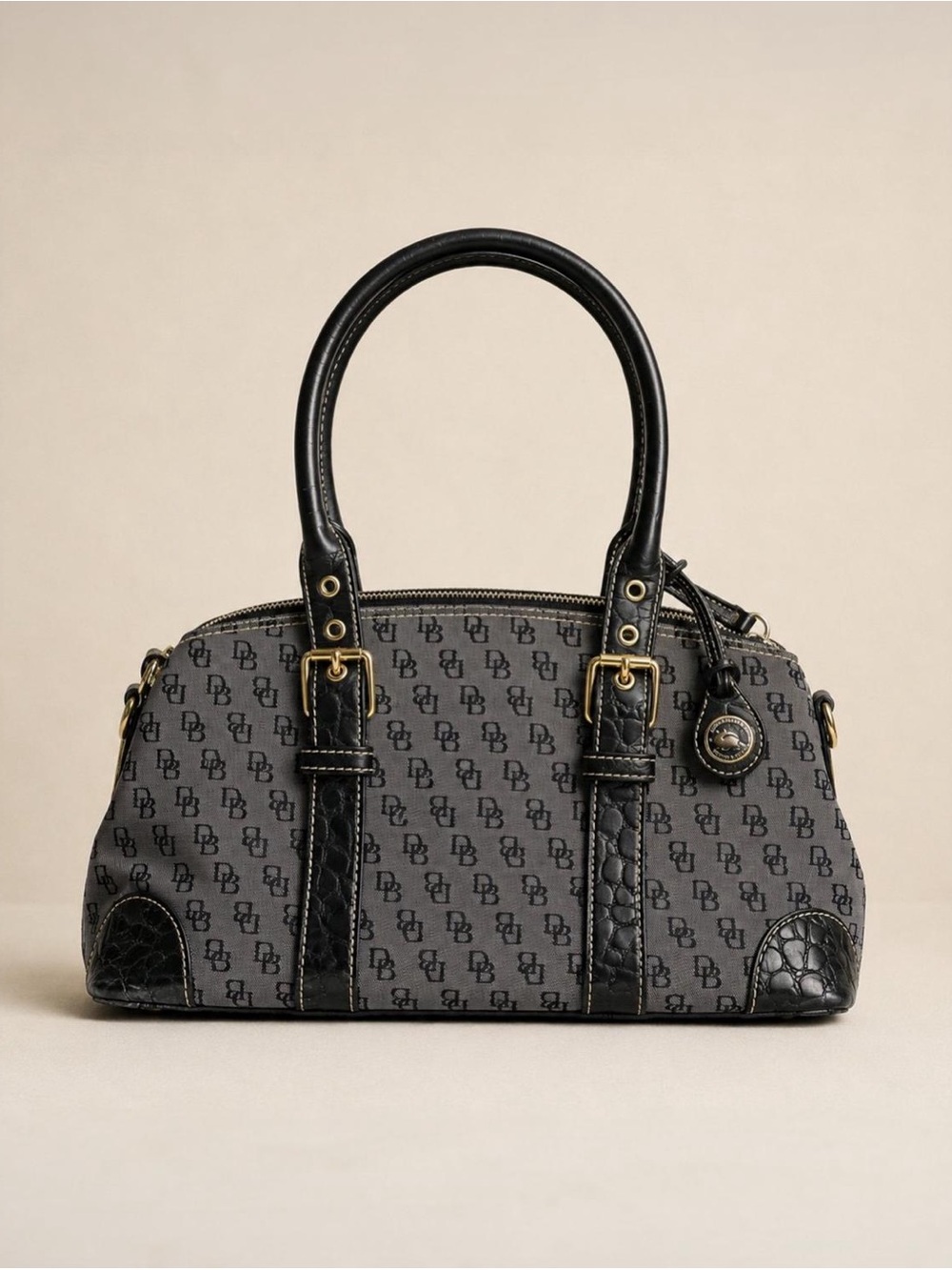 Vintage Dooney & Bourke
DB Monogram Satchel Gray Black Leather Purse y2k